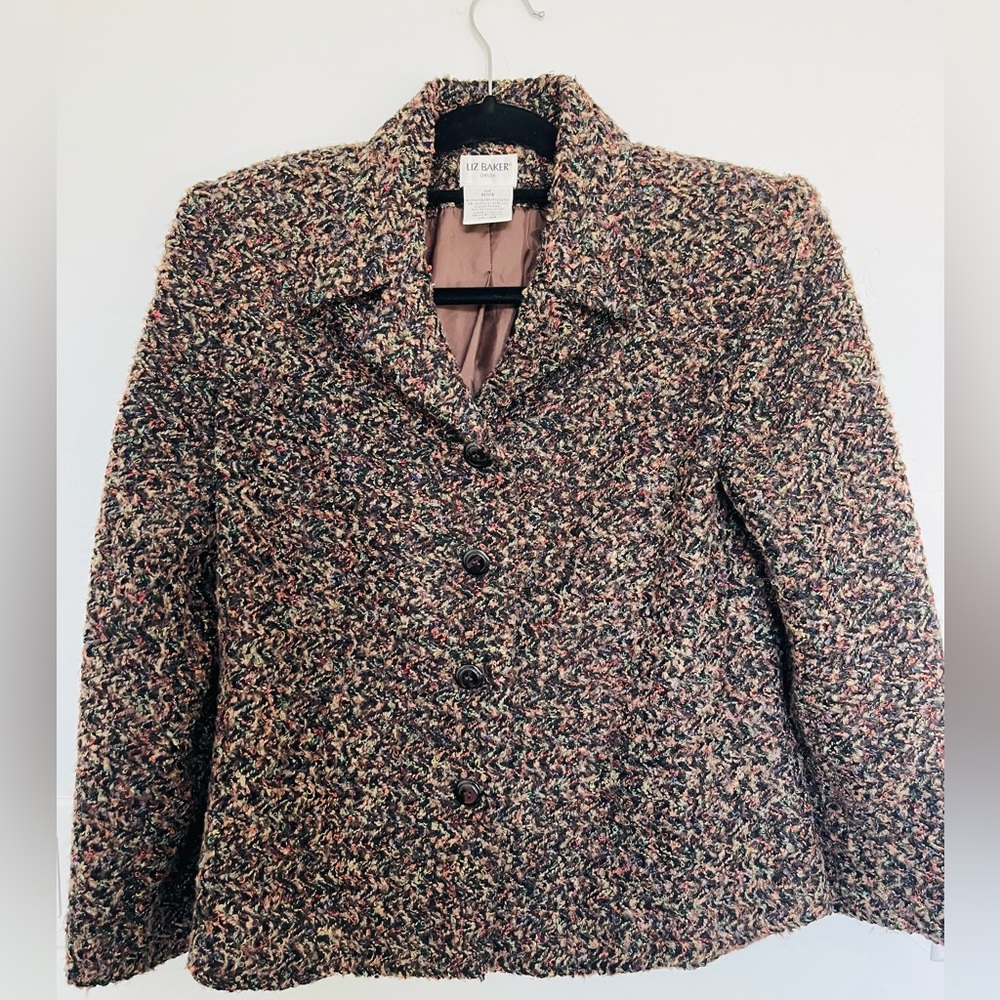 Liz Baker Brown Blazer Double Button Business Office Jacket Textured Tweed